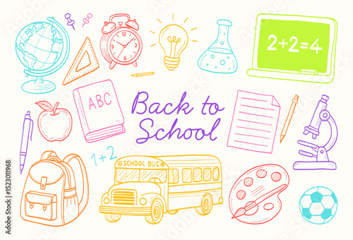 Back to school is a colorful drawing of school supplies and a school bus. The drawing conveys a sense of excitement and anticipation for the upcoming school year