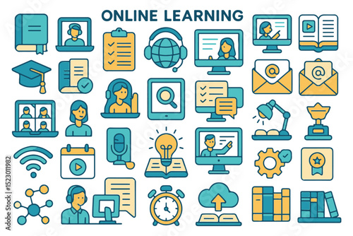 Vector icons for online learning, digital education, remote courses, and e learning platforms Features icons for books, computers, and more Icon set