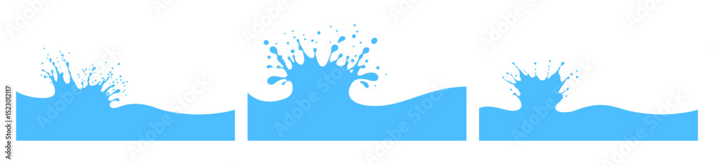 Fototapeta premium Splash and flow of milk, water or any liquid. Flat splashes and drops, crown shaped. Can be use for background of designs, logo, emblem, label of organic ecological dairy products. Vector illustration