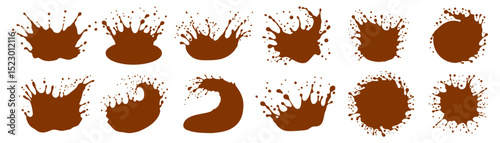 Chocolate splashes and spills. Flat splashes, blots and drops of dark liquid chocolate, crown, wave or circle shaped. Can be use for logo, emblem, label, sign of organic products. Vector illustration