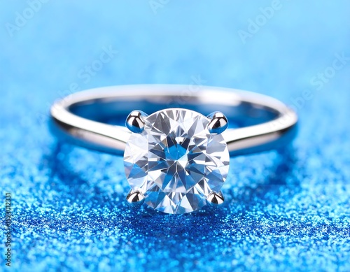 Diamond ring on blue glitter background
