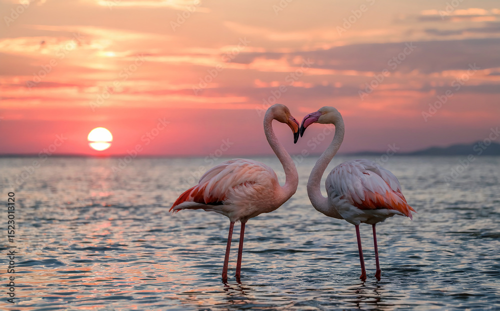 Fototapeta premium Romantic Flamingo Couple Forming Heart Shape at Sunset Over Sea