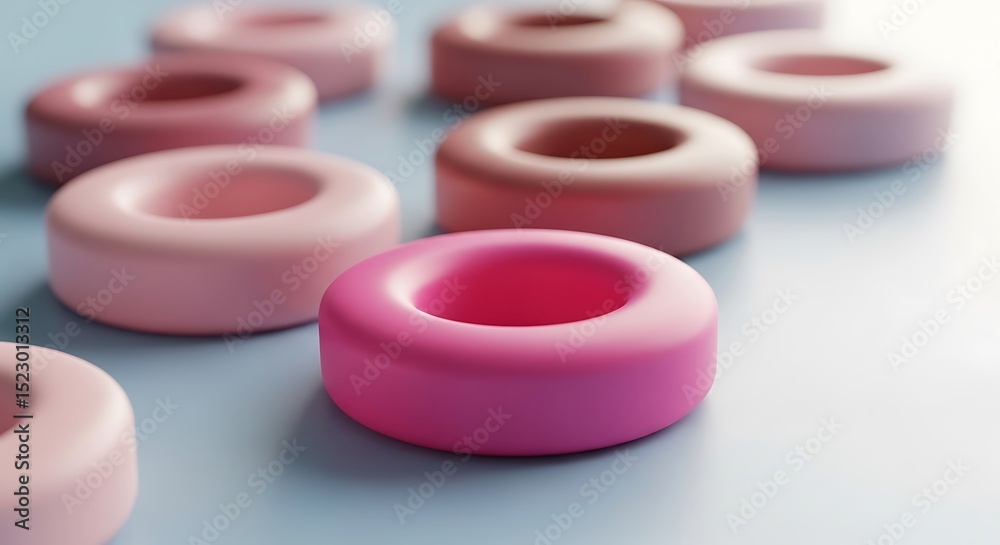 Pink donut shapes arranged with focus on the boldest one in an appealing composition Pink donut shapes arranged with focus on the boldest one in an appealing composition