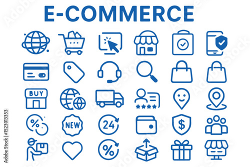 E commerce business, shopping cart, delivery, and payment icons in blue color   icon set