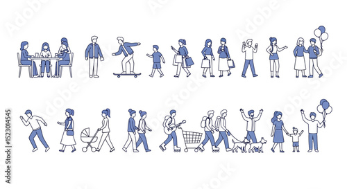 Line art illustration of people in various activities