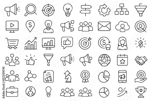 icons for digital marketing tools including SEO, social media, advertisement campaigns, analytics, targeting, and customer engagement icon set