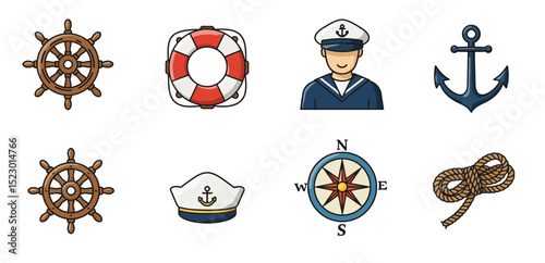 Nautical themed cartoon icons wheel lifebuoy sailor anchor hat compass rope