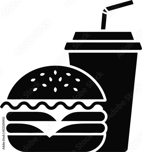Simple black and white illustration of a hamburger and soda.