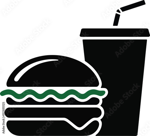 Simple black and green fast food icon of a burger and soda.