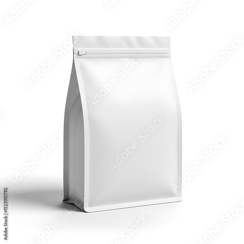 White coffee bag mockup in a three quarter view isolated on white background