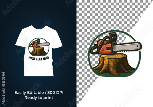 chainsaw T-Shirt and logo design ,Chainsaw and Tree Stump Emblem vector illustration logo design
