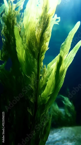 Underwater green algae growing on rocks in a submerged aquatic environment, marine plant life in a natural blue ocean habitat.