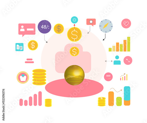 A colorful and modern vector illustration of a savings plan or tracker, featuring a stylized piggy bank at the center, surrounded by various icons and visual elements that represent different aspects