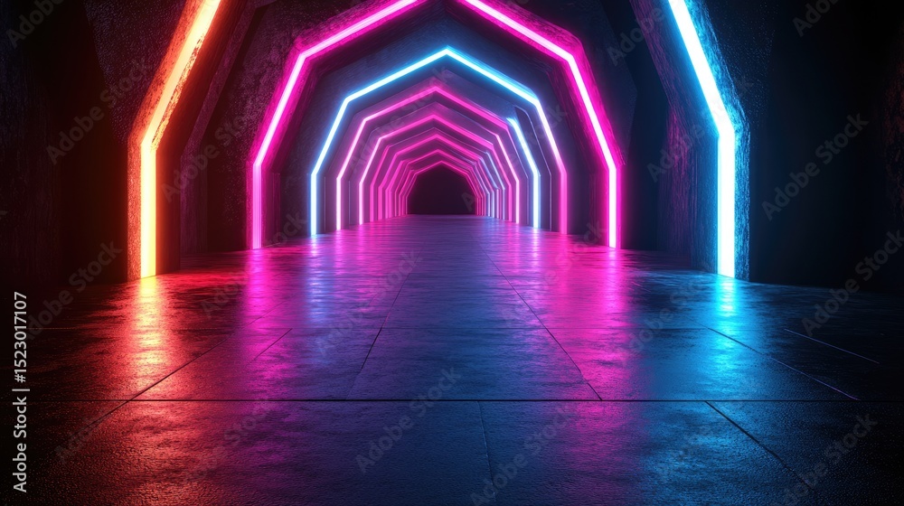 Fototapeta premium Neon lights illuminate a futuristic tunnel.