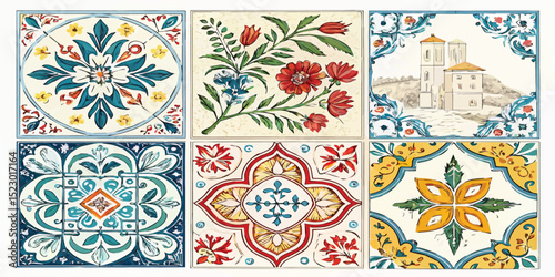 Set of six vibrant traditional Portuguese azulejos with floral, geometric, and historic tile patterns.
