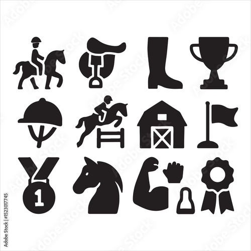 Set of black equestrian icons on a white background, depicting various elements related to horseback riding and horse care. Includes icons of riders on horses, saddles, riding boots, trophies, helmets