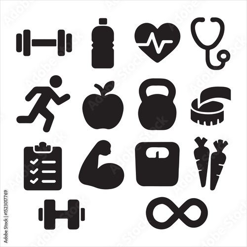 Collection of bold black health and fitness icons on a white background. The set includes symbols such as a dumbbell, water bottle, heart with pulse line, stethoscope, running figure, apple, kettlebel