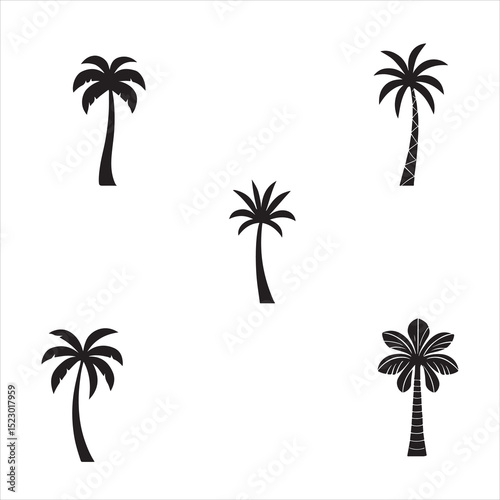 Vector illustration of five stylized palm trees with unique abstract designs, arranged in a row on a beige background. Each tree has a different artistic interpretation of palm fronds and trunks,