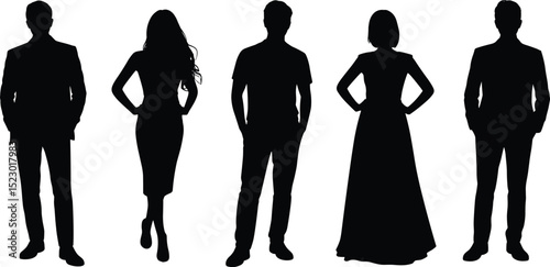 Silhouettes of stylish men and women standing, elegant fashion poses, formal and casual clothing, black vector illustration