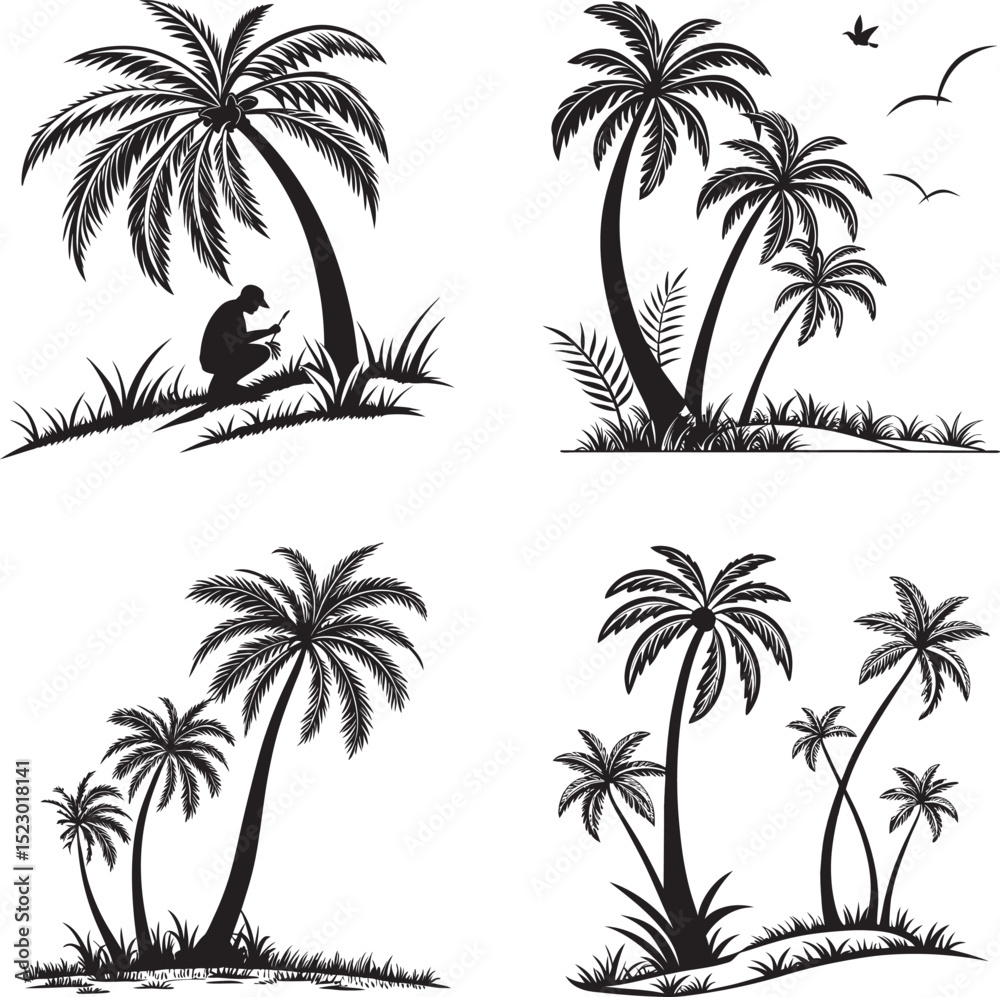 Fototapeta premium Silhouettes of tropical palm trees against a white background