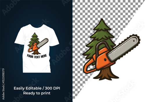 chainsaw T-Shirt and logo design ,Chainsaw and Tree Stump Emblem vector illustration logo design