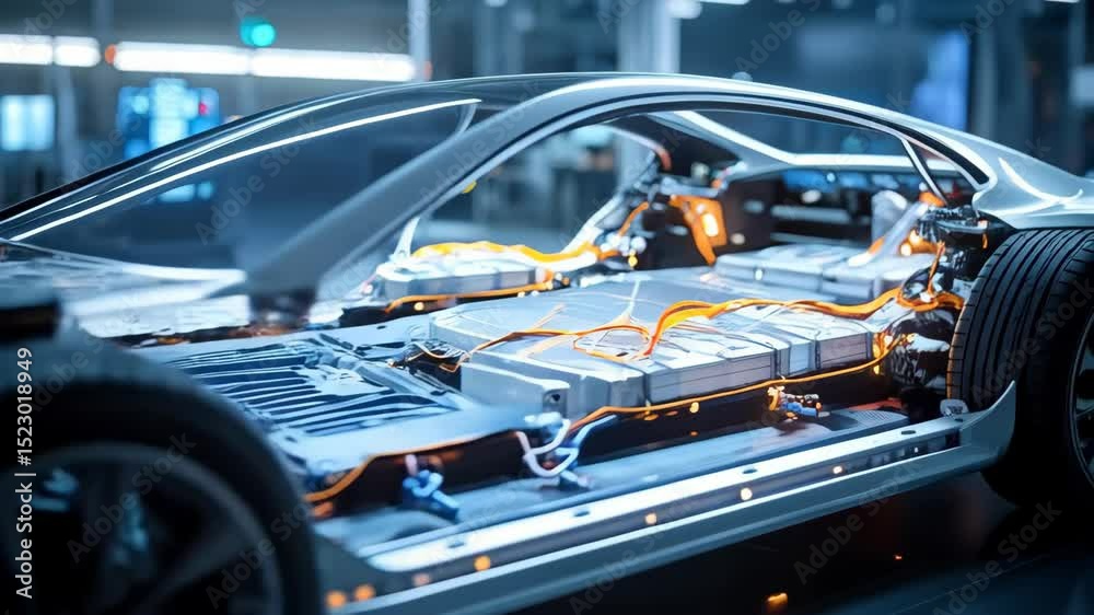 Electric vehicle chassis with battery pack and wiring harness exposed ...