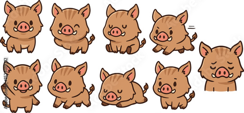 vector illustration of boar pig cartoon funny  cute mascot character cartoon with 9 poses 
