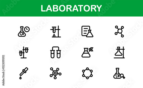 Laboratory Icon Set Featuring Scientific Equipment, Test Tubes, Microscopes, and Chemical Symbols