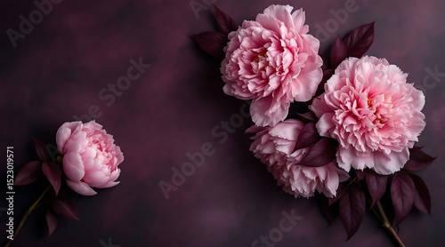 Elegant pink peonies on a deep burgundy background