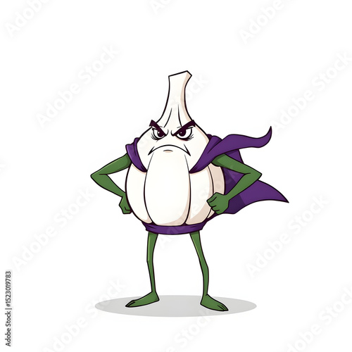 A few prongs forming a round body with a tiny purple superhero cape, fists on hips, stern expression.
