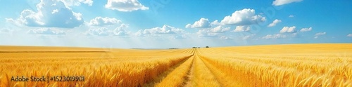 Golden wheat fields stretching to the horizon under a vast blue sky, ripe for harvest A picturesque scene of rural abundance and agricultural bounty , farmland view, agriculture, barley