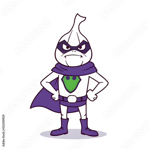 A few prongs forming a round body with a tiny purple superhero cape, fists on hips, stern expression.