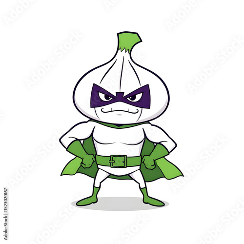 A few prongs forming a round body with a tiny purple superhero cape, fists on hips, stern expression.