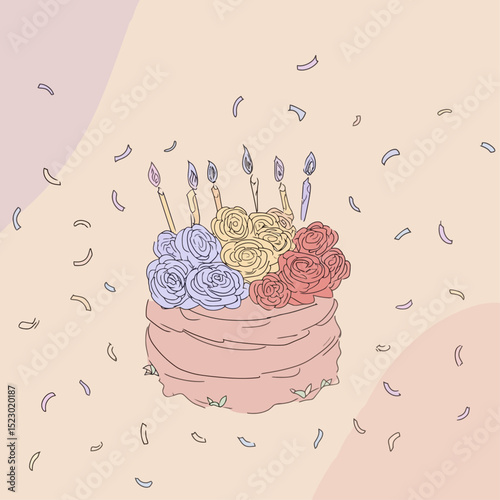 Beautiful hand-drawn birthday cake with colorful rose flowers and lit candles surrounded by festive confetti on soft pastel background - perfect celebration illustration