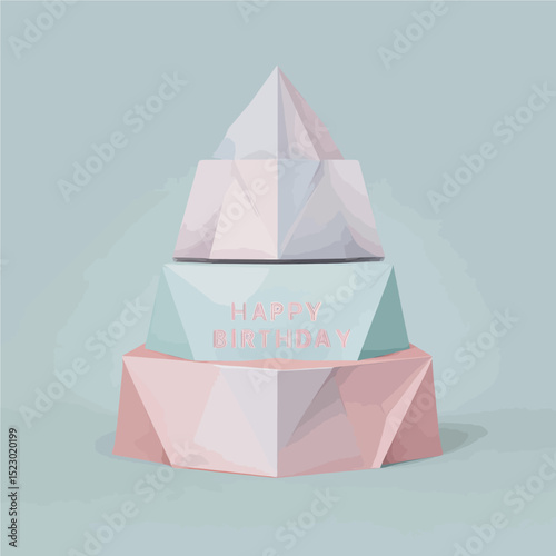 Modern geometric birthday cake with pastel pink and mint green 3D polygonal layers on minimalist background - perfect for contemporary celebration designs