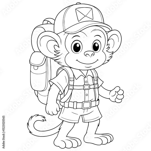 Monkey Delivery A charming illustration features a friendly monkey, dressed in a postal worker uniform, geared up with a backpack, ready for its delivery route. The cartoon evokes cheerfulness.