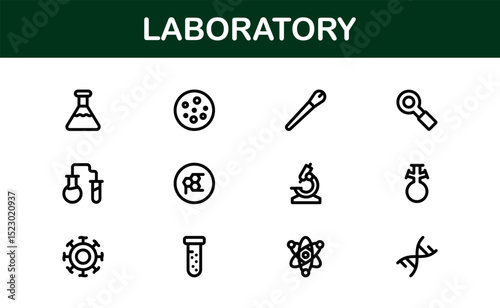 Laboratory Icon Set Featuring Scientific Equipment, Test Tubes, Microscopes, and Chemical Symbols