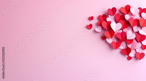 Pink and red paper hearts on a pink background