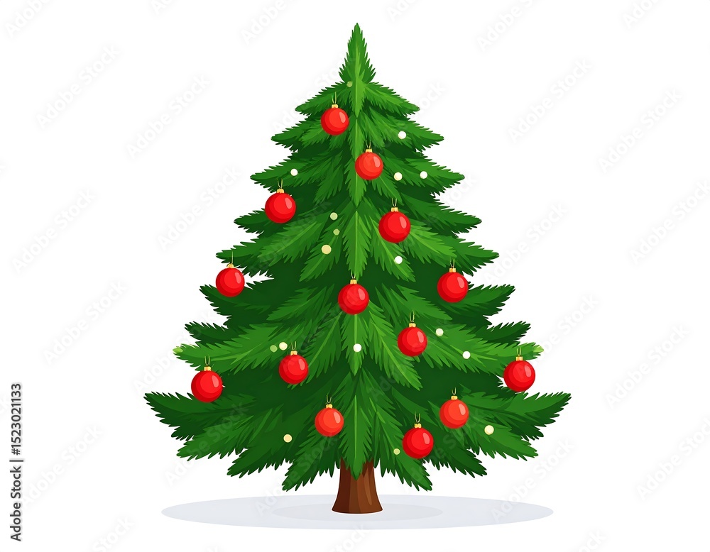 Fototapeta premium Cartoon Christmas tree with red ornaments