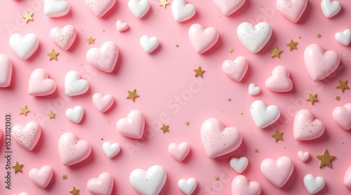 Pink and white glitter hearts with gold stars on pink background