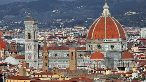 Florence Cathedral Duomo featuring the great Brunelleschi dome with the camera shot starting close and then zooming out to a wide view