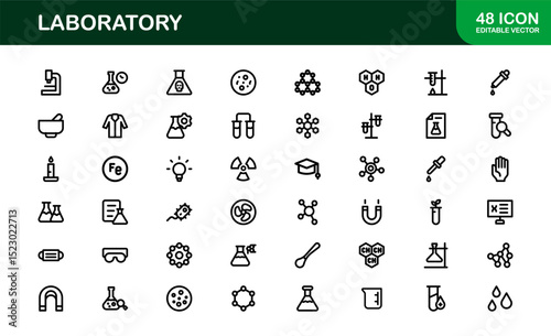 Laboratory Icon Set Featuring Scientific Equipment, Test Tubes, Microscopes, and Chemical Symbols