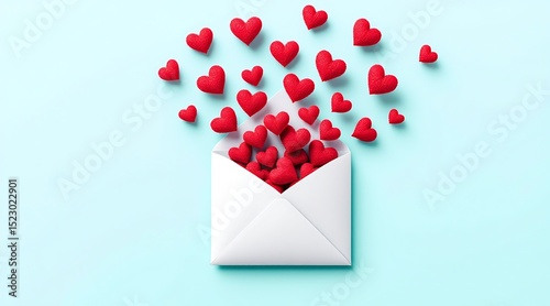 Red hearts overflowing from a white envelope on a light blue background