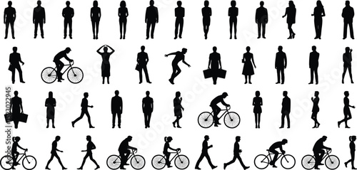 Silhouettes of people walking, biking, standing, in motion and still poses, black vector illustration, urban lifestyle
