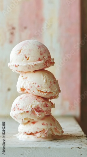 Stack of Strawberry Ice Cream Scoops on Weathered White Surface