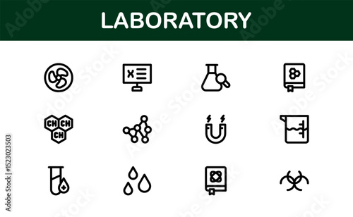 Laboratory Icon Set Featuring Scientific Equipment, Test Tubes, Microscopes, and Chemical Symbols