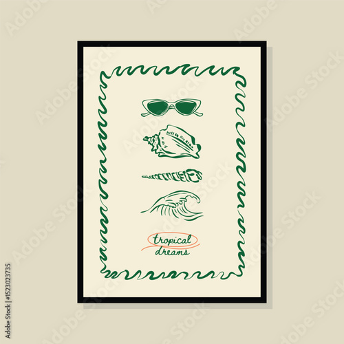Coastal life sketch style vector illustration in a poster frame. Art for print design, greeting card, postcards, branding, logo design.