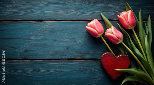 Romantic pink tulips and wooden heart on rustic blue wood