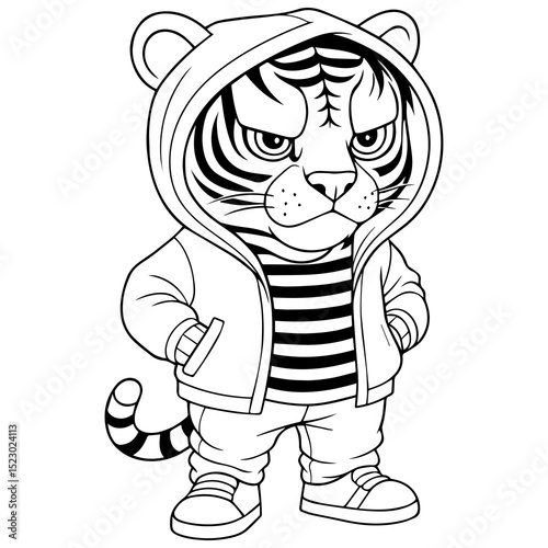 Street Smart Tiger An urban tiger, exuding cool confidence in a hoodie, captures the spirit of street style with its bold, modern, and line art depiction.