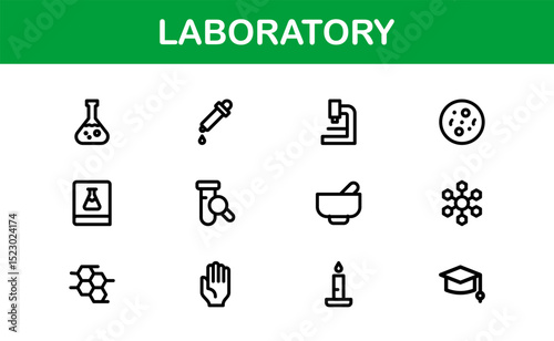 Laboratory Icon Set Featuring Scientific Equipment, Test Tubes, Microscopes, and Chemical Symbols